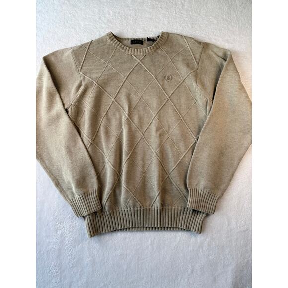 IZOD Cotton Sweater Men Medium Crew Neck Pintuck Diamond Knit Neutral Tone 90s - Picture 1 of 8